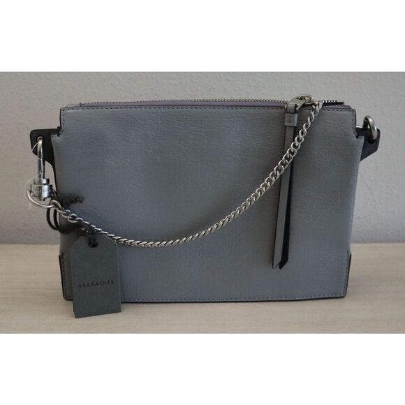 AllSaints WB052Y Ice Gray Fletcher Croc Embossed Leather Crossbody Purse - Picture 1 of 15